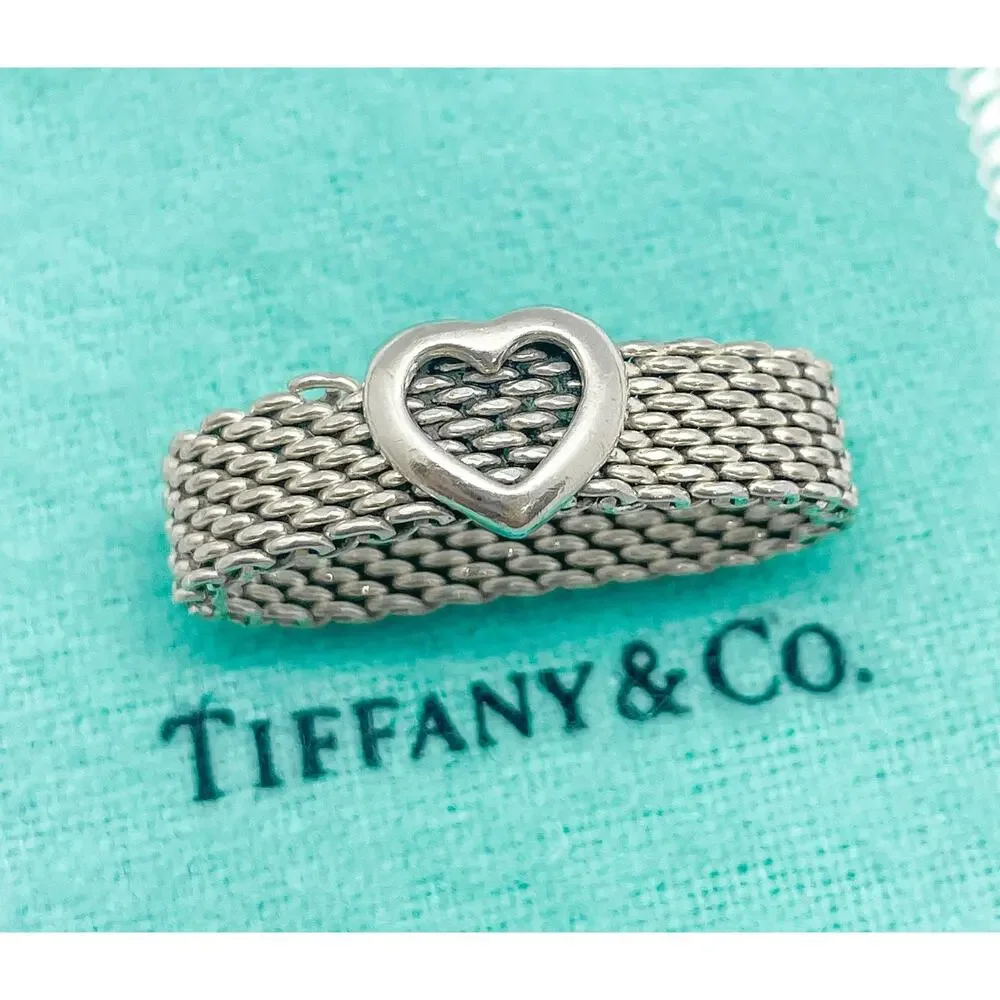 Tiffany & Co. Somerset Mesh Heart Ring Sterling Silver Size 8 w/ Pouch